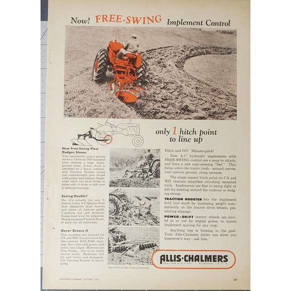 Allis Chalmers Free Swing Implement Control Magazine Advertisement 1952 - Picture 1 of 1